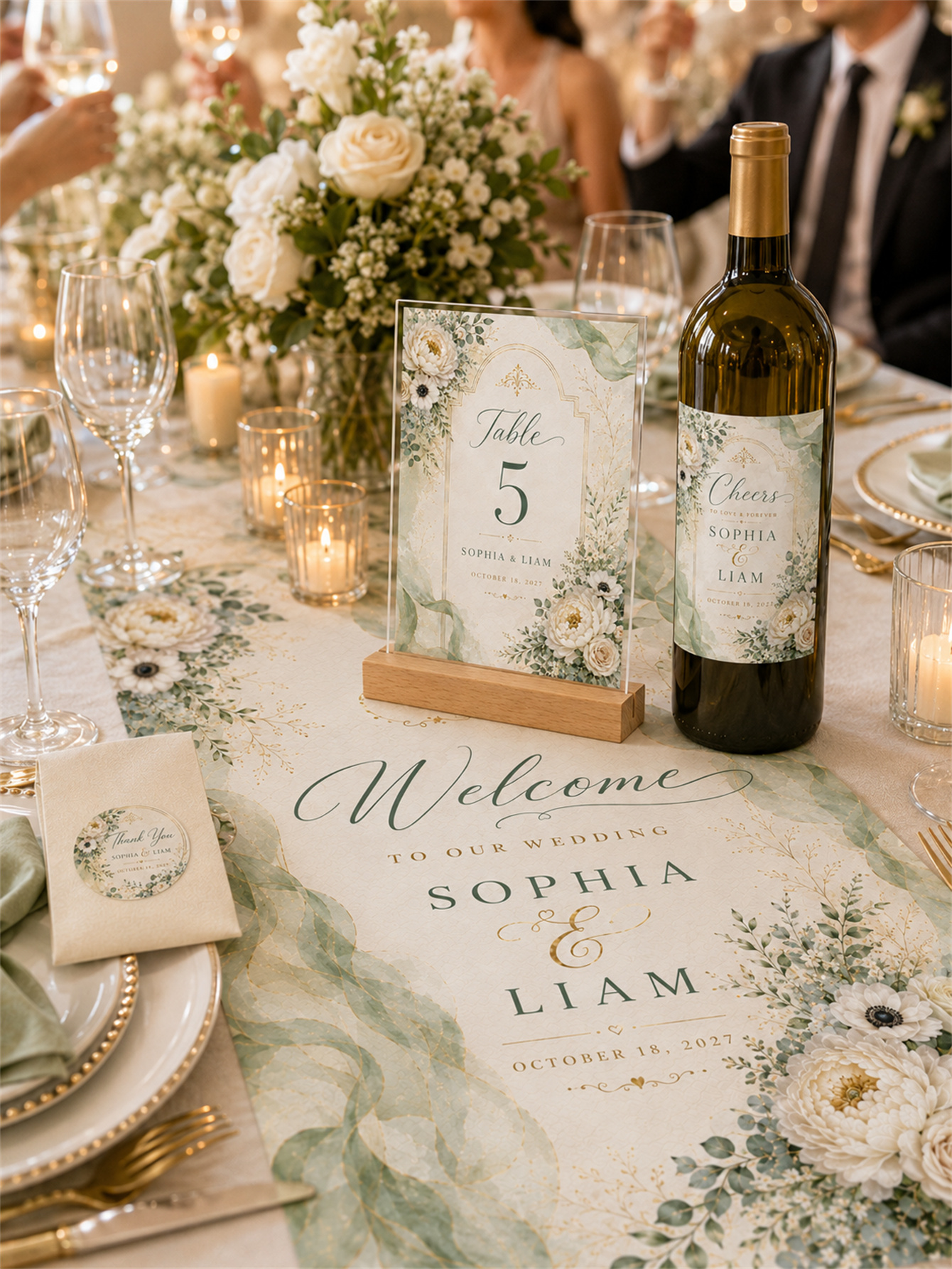 Sage green and ivory plant wedding decorations - Romantic and elegant wedding - Custom name and date
